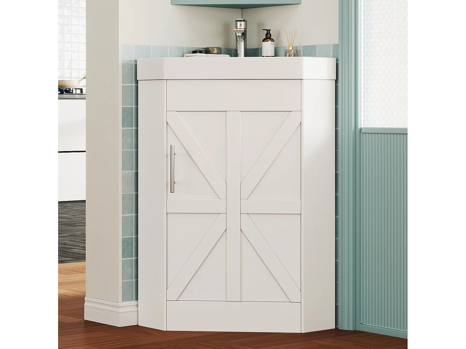 Meuble de salle de bains d'angle avec vasque en céramique - Finition laquée - 1 porte et étagère de rangement - Charnières amortissantes - MDF - Blanc