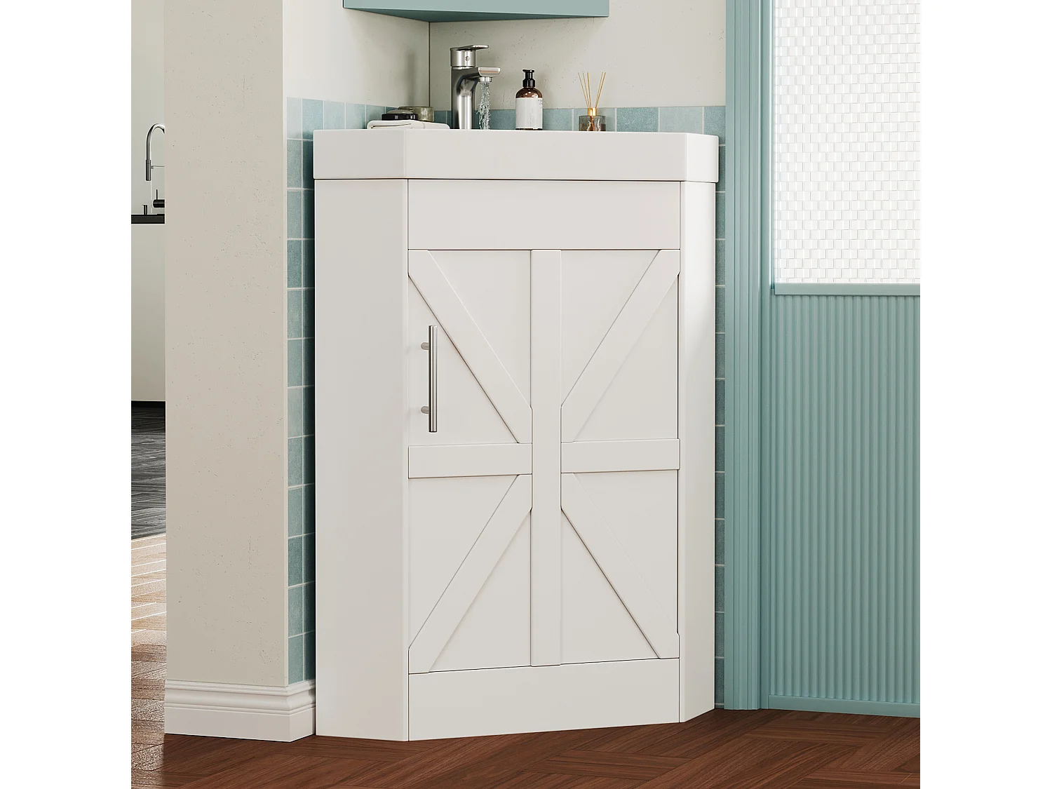 Meuble de salle de bains d'angle avec vasque en céramique - Finition laquée - 1 porte et étagère de rangement - Charnières amortissantes - MDF - Blanc