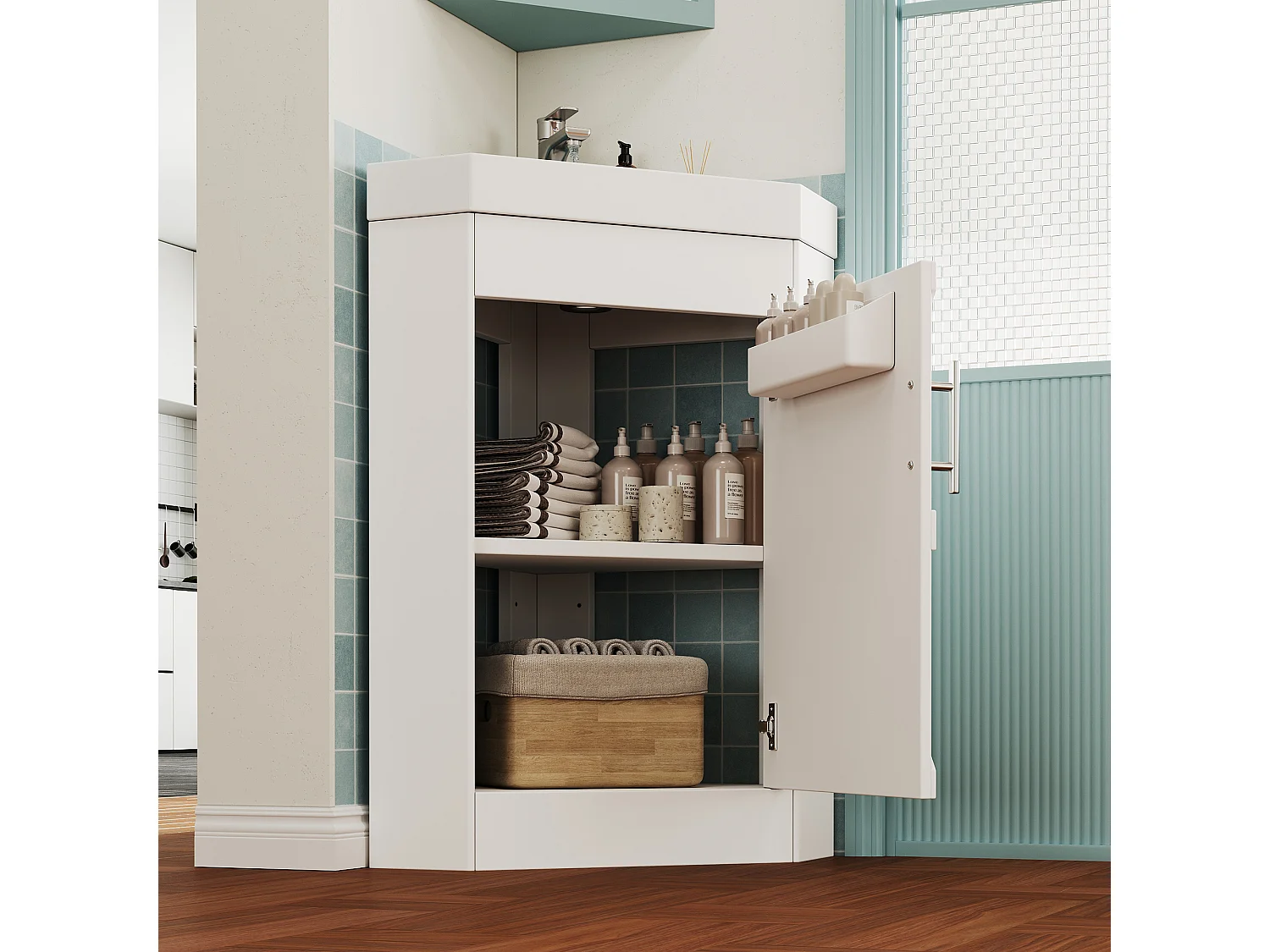 Meuble de salle de bains d'angle avec vasque en céramique - Finition laquée - 1 porte et étagère de rangement - Charnières amortissantes - MDF - Blanc