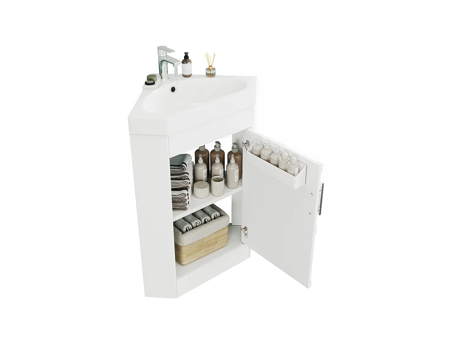 Meuble de salle de bains d'angle avec vasque en céramique - Finition laquée - 1 porte et étagère de rangement - Charnières amortissantes - MDF - Blanc