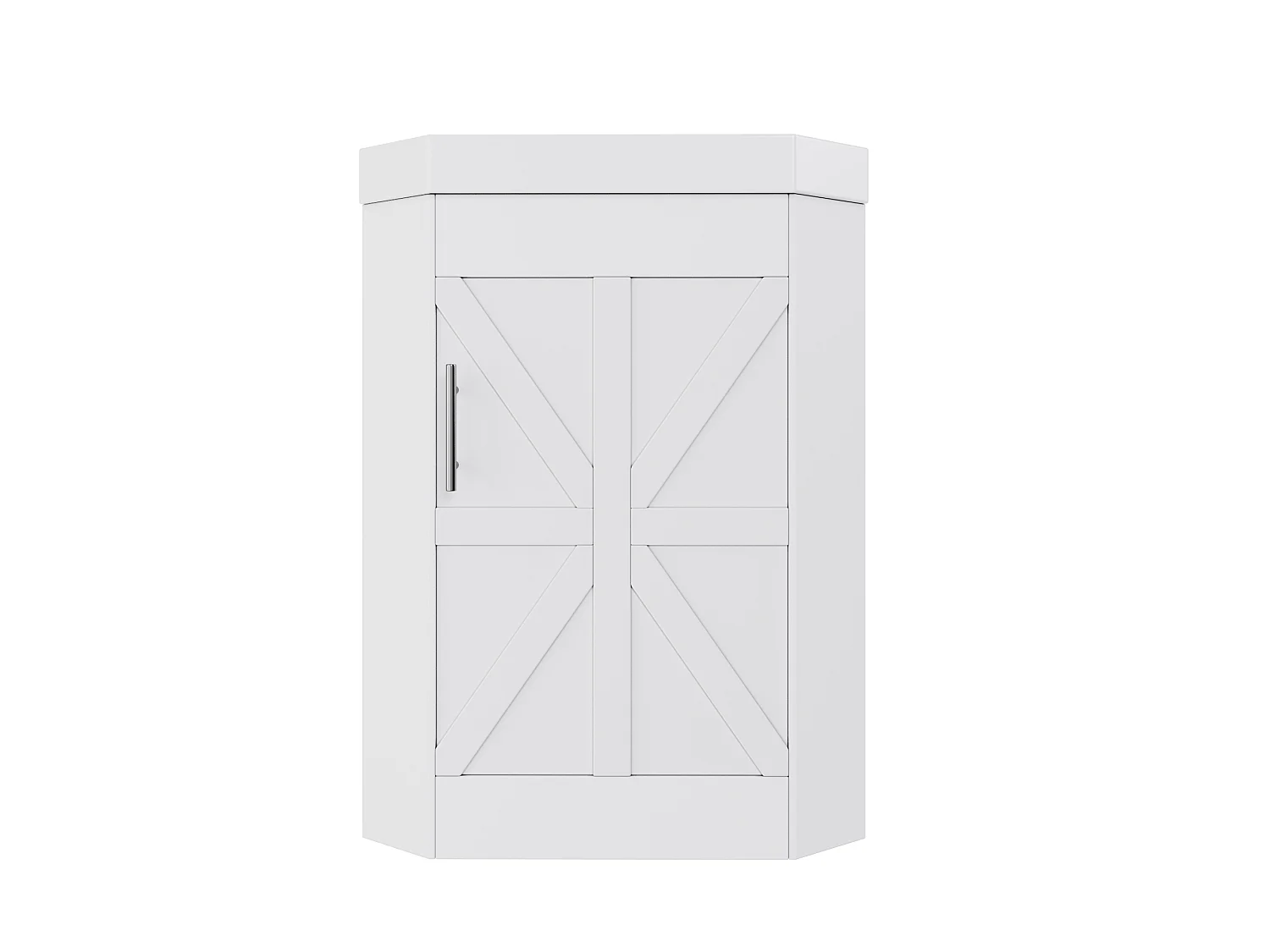 Meuble de salle de bains d'angle avec vasque en céramique - Finition laquée - 1 porte et étagère de rangement - Charnières amortissantes - MDF - Blanc