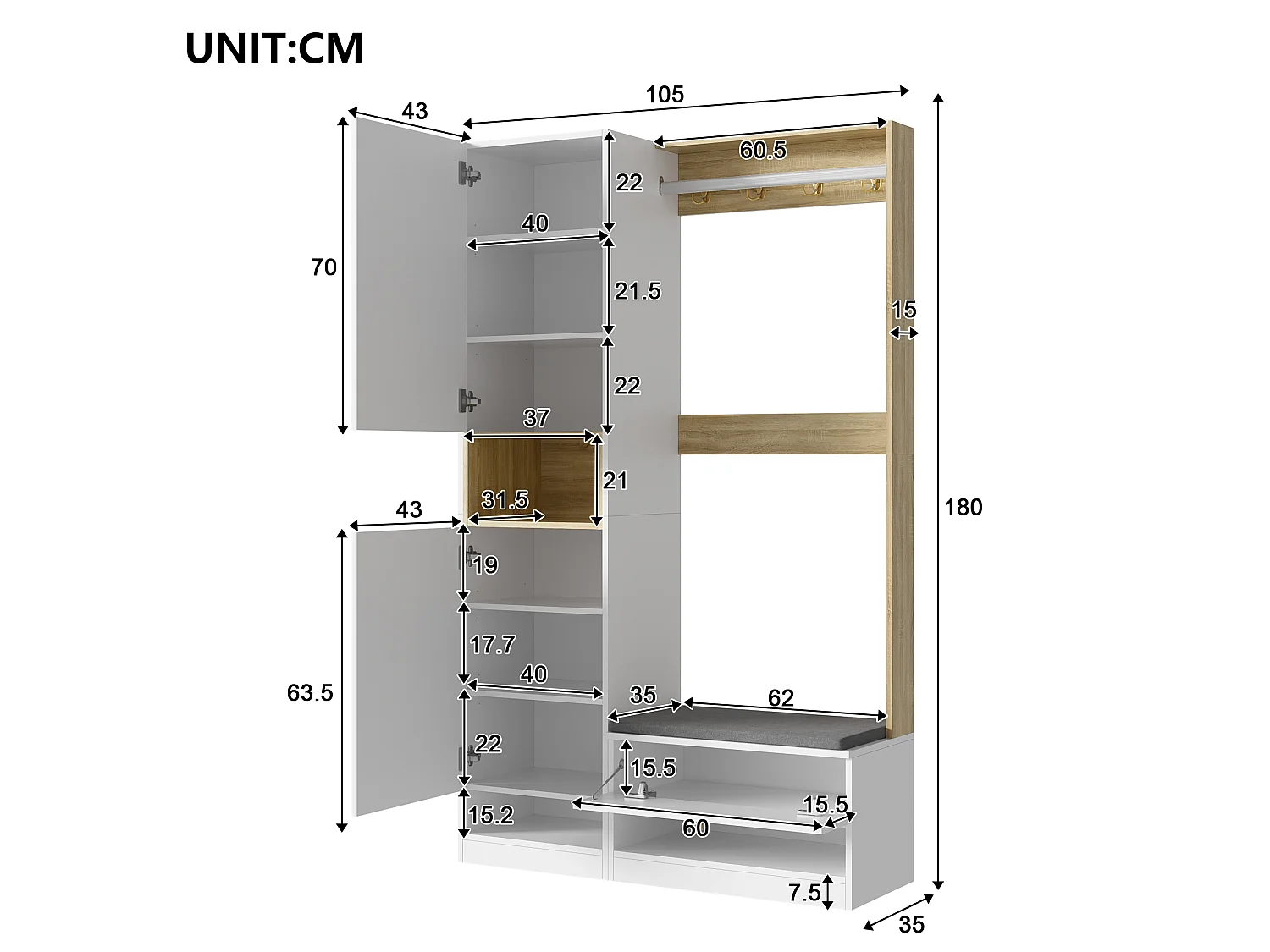 Entryway wardrobe set 105x35x180cm - with mirror and shoe cabinet - with LED lighting and hook - White + Natural