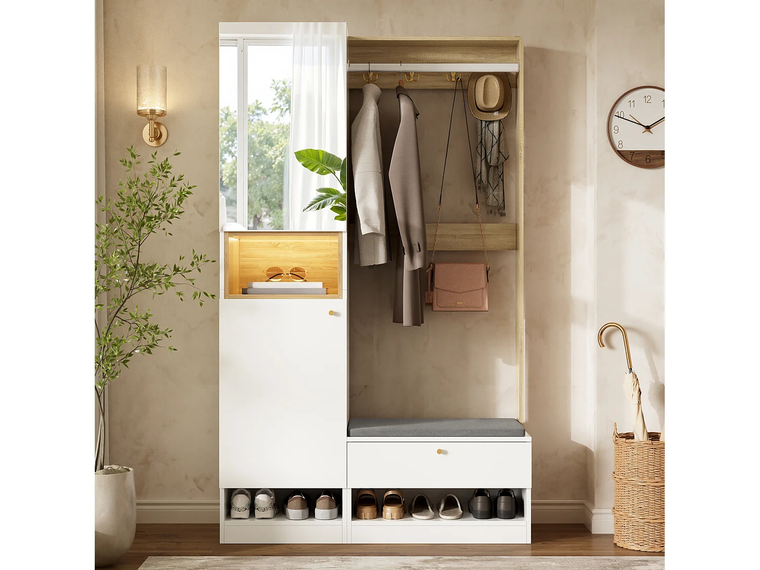 Entryway wardrobe set 105x35x180cm - with mirror and shoe cabinet - with LED lighting and hook - White + Natural