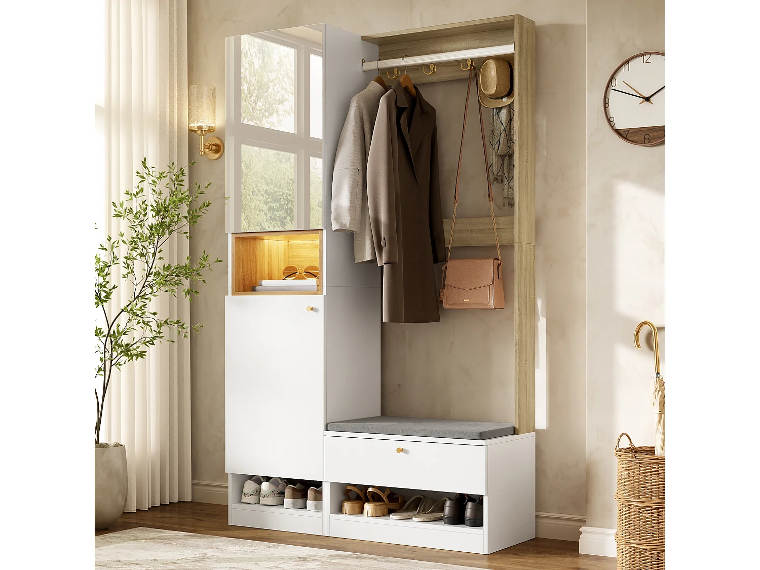 Entryway wardrobe set 105x35x180cm - with mirror and shoe cabinet - with LED lighting and hook - White + Natural
