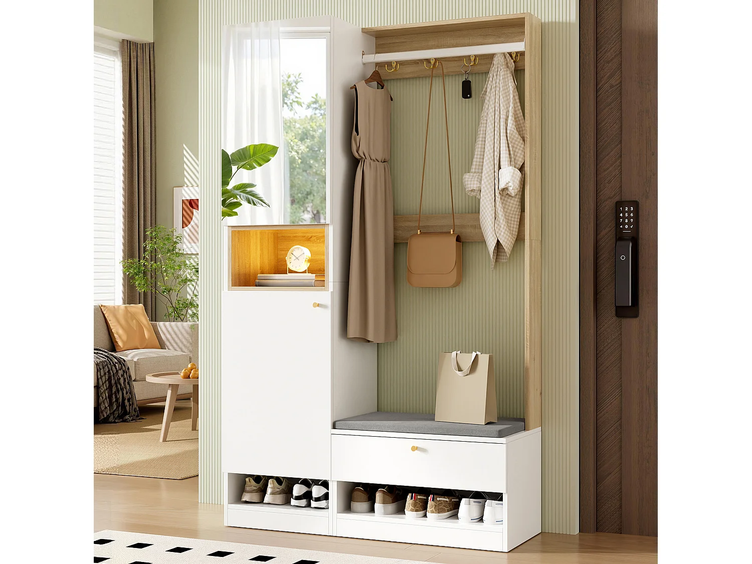 Entryway wardrobe set 105x35x180cm - with mirror and shoe cabinet - with LED lighting and hook - White + Natural