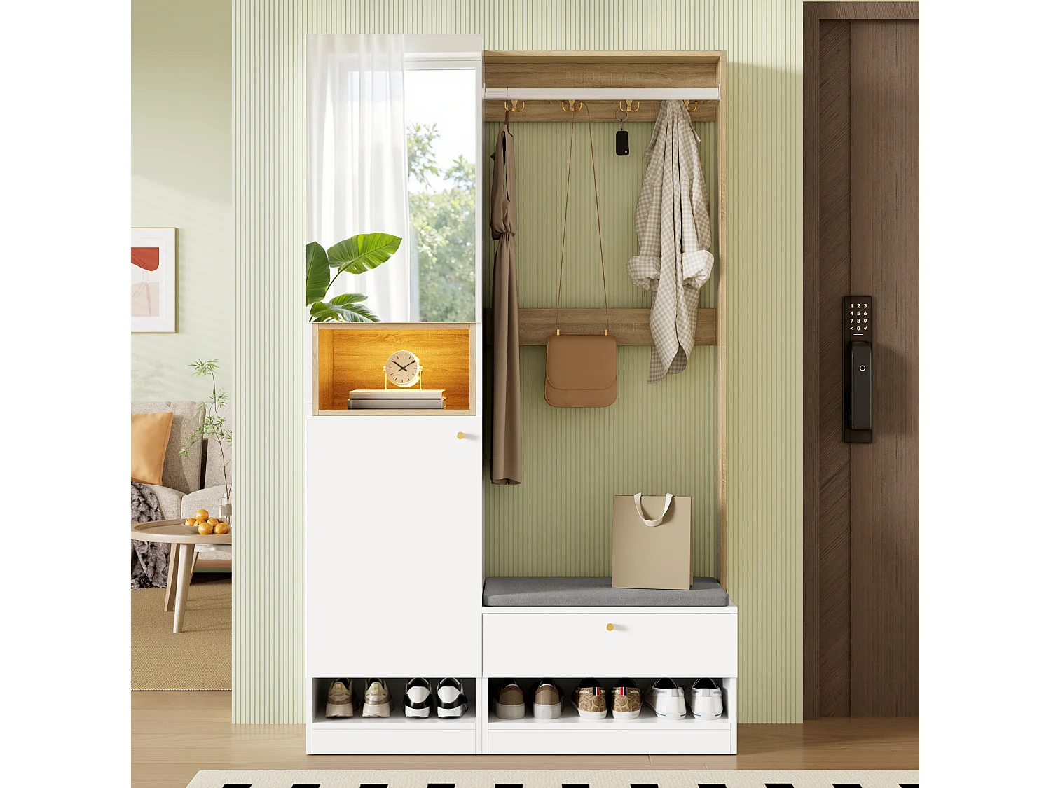 Entryway wardrobe set 105x35x180cm - with mirror and shoe cabinet - with LED lighting and hook - White + Natural