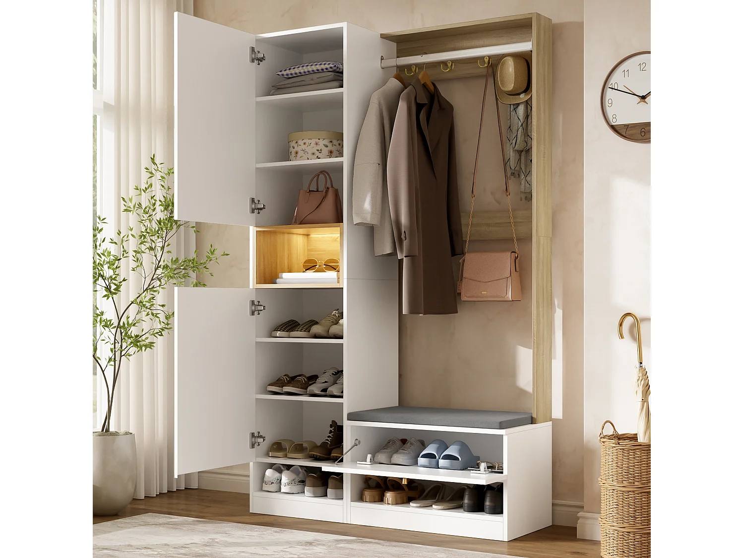 Entryway wardrobe set 105x35x180cm - with mirror and shoe cabinet - with LED lighting and hook - White + Natural