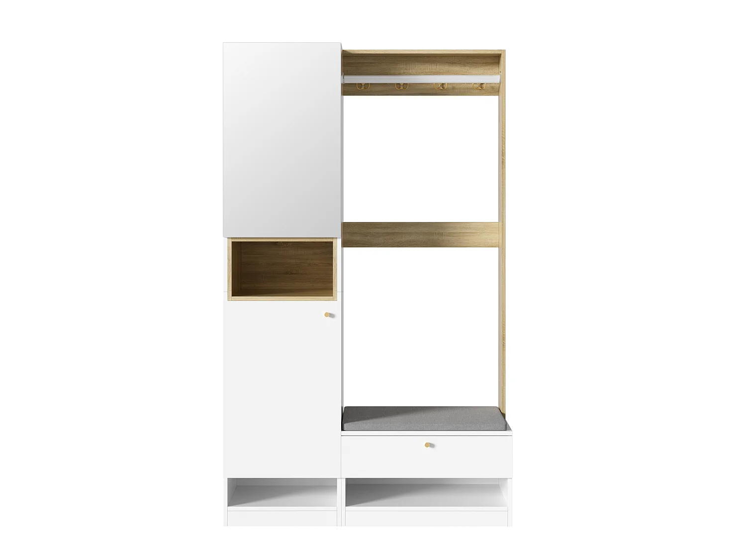 Entryway wardrobe set 105x35x180cm - with mirror and shoe cabinet - with LED lighting and hook - White + Natural