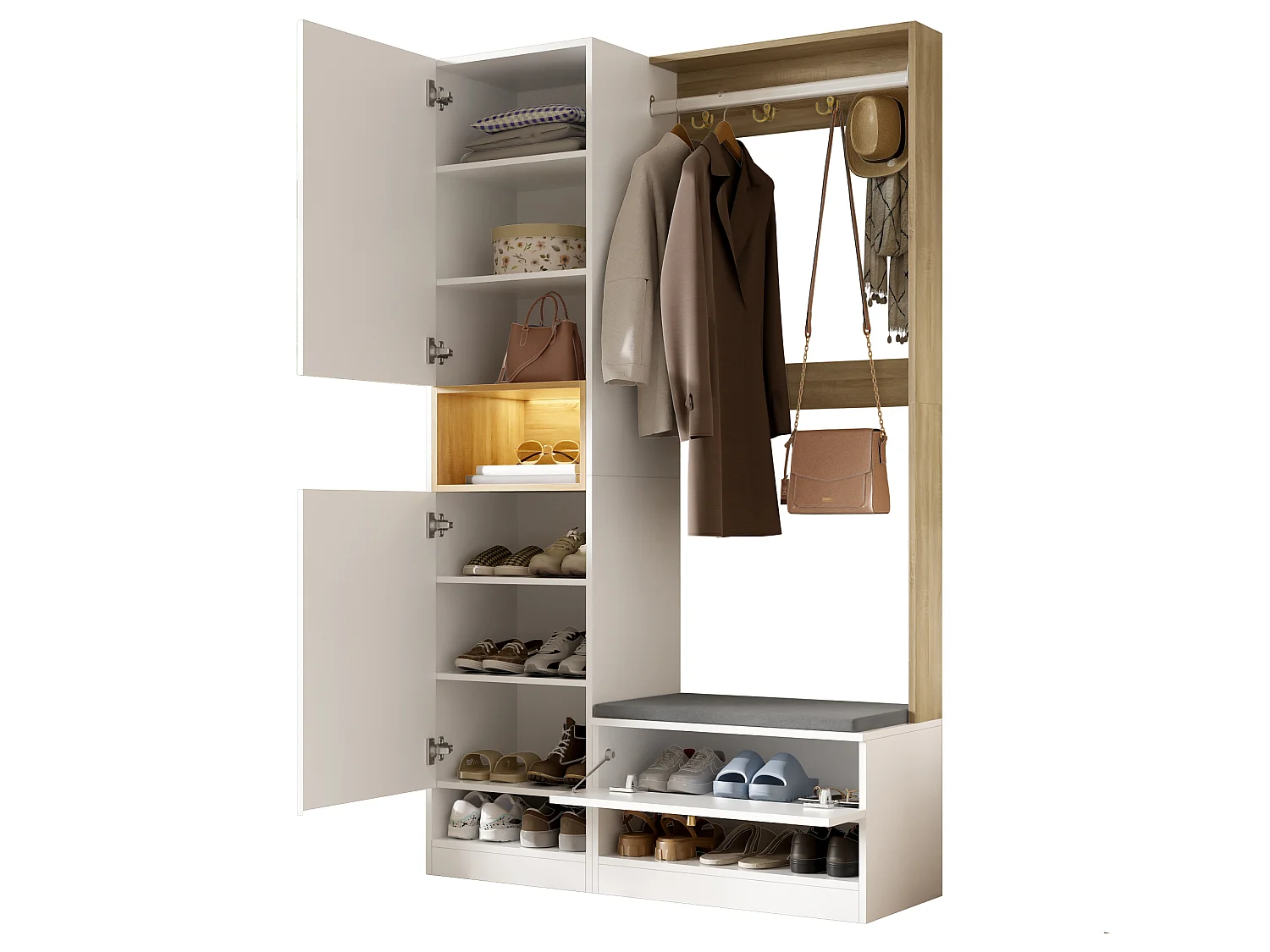 Entryway wardrobe set 105x35x180cm - with mirror and shoe cabinet - with LED lighting and hook - White + Natural