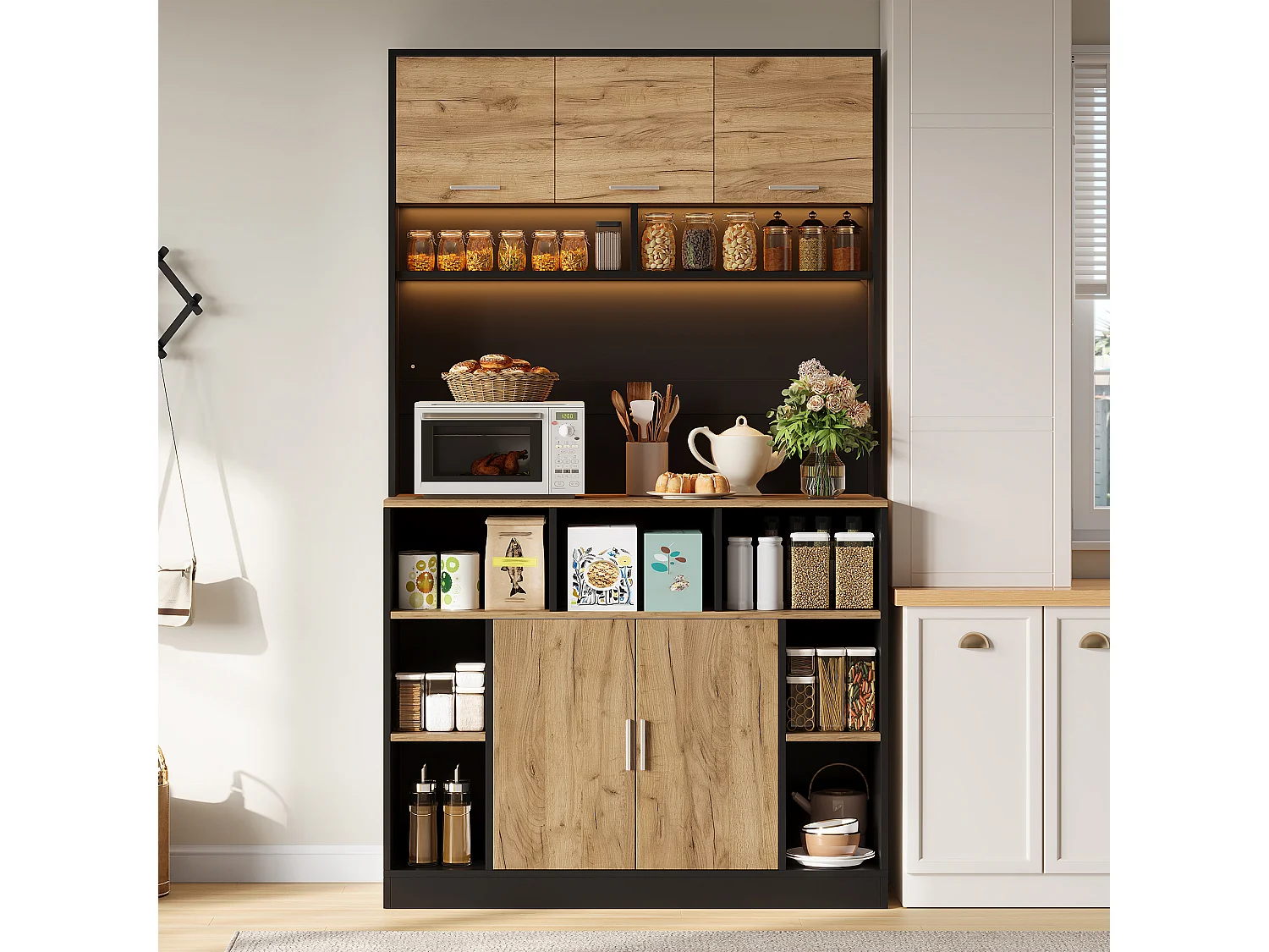 Buffet de cuisine 105x40x180cm - avec 5 portes - avec éclairage LED et compartiment de rangement - Naturel + Noir