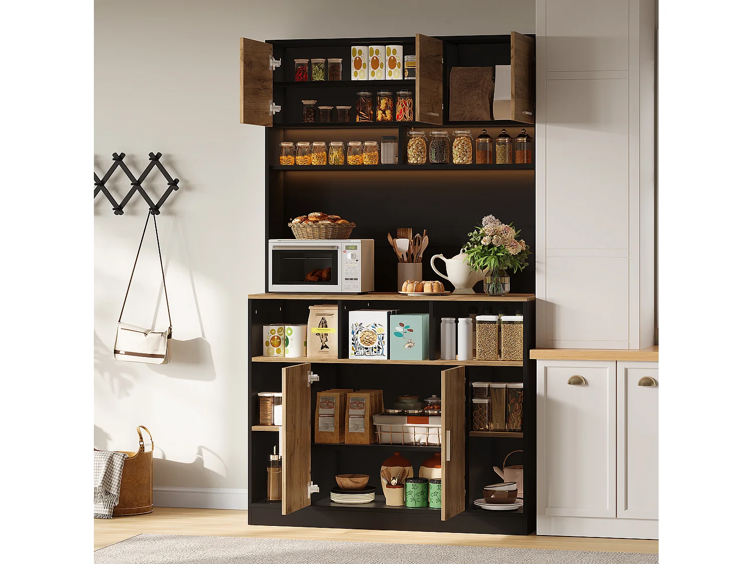 Buffet de cuisine 105x40x180cm - avec 5 portes - avec éclairage LED et compartiment de rangement - Naturel + Noir