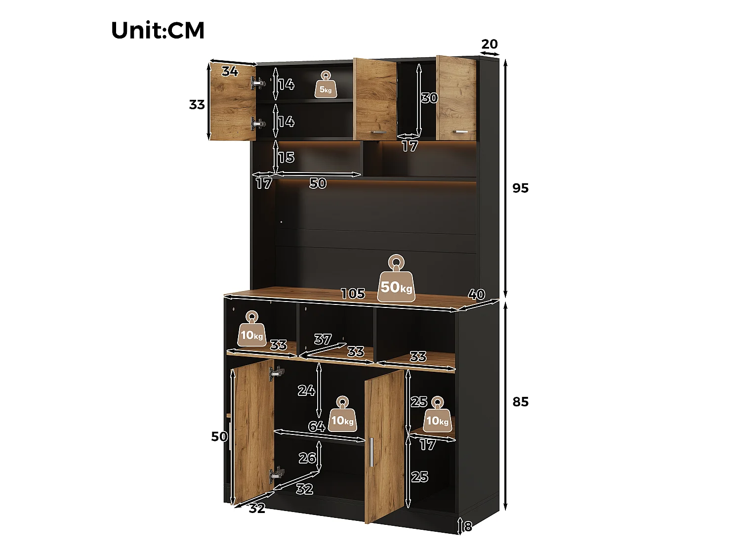 Buffet de cuisine 105x40x180cm - avec 5 portes - avec éclairage LED et compartiment de rangement - Naturel + Noir