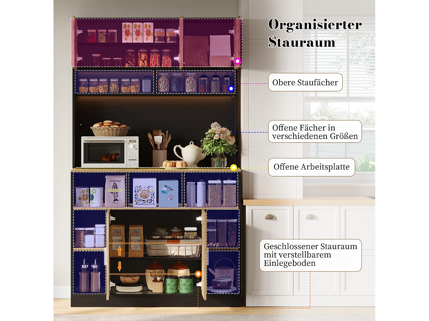 Buffet de cuisine 105x40x180cm - avec 5 portes - avec éclairage LED et compartiment de rangement - Naturel + Noir