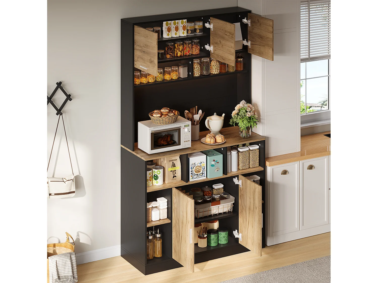 Buffet de cuisine 105x40x180cm - avec 5 portes - avec éclairage LED et compartiment de rangement - Naturel + Noir