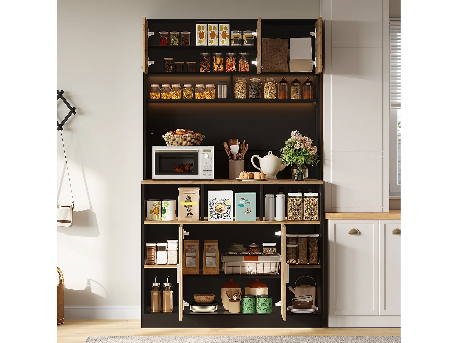 Buffet de cuisine 105x40x180cm - avec 5 portes - avec éclairage LED et compartiment de rangement - Naturel + Noir