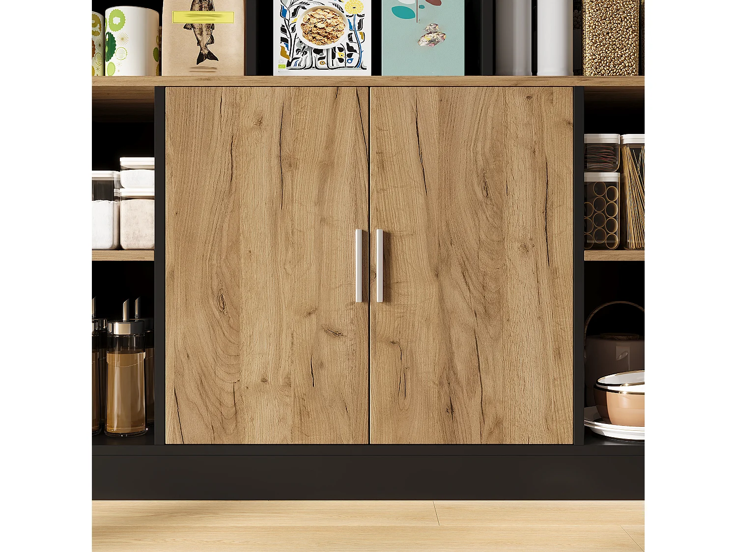 Buffet de cuisine 105x40x180cm - avec 5 portes - avec éclairage LED et compartiment de rangement - Naturel + Noir