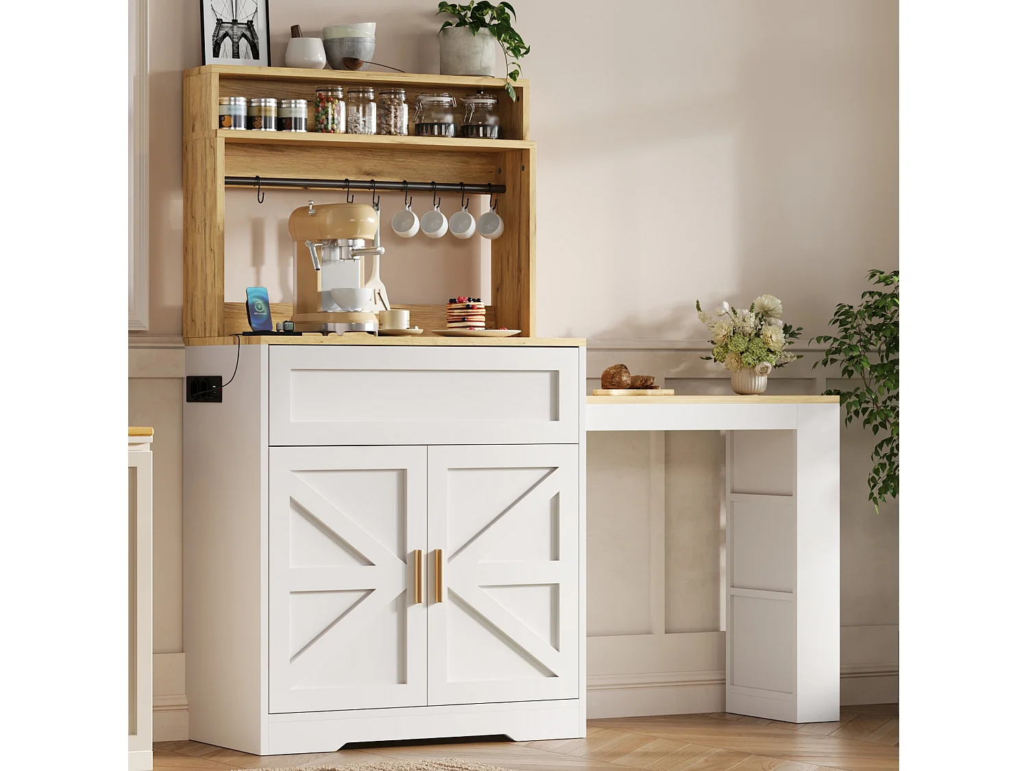 Bufet kuchenny 146x40x142cm - z rozkładanym blatem stołowym - z 2 drzwiami - z bocznym regałem i regulowanymi półkami - Biały