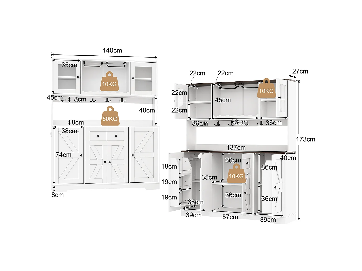 Küchenbuffet 140x40x173cm - mit 6 Türen - mit LED-Beleuchtung und Steckdose - Weinfächer und Weinglashalter - Weiß