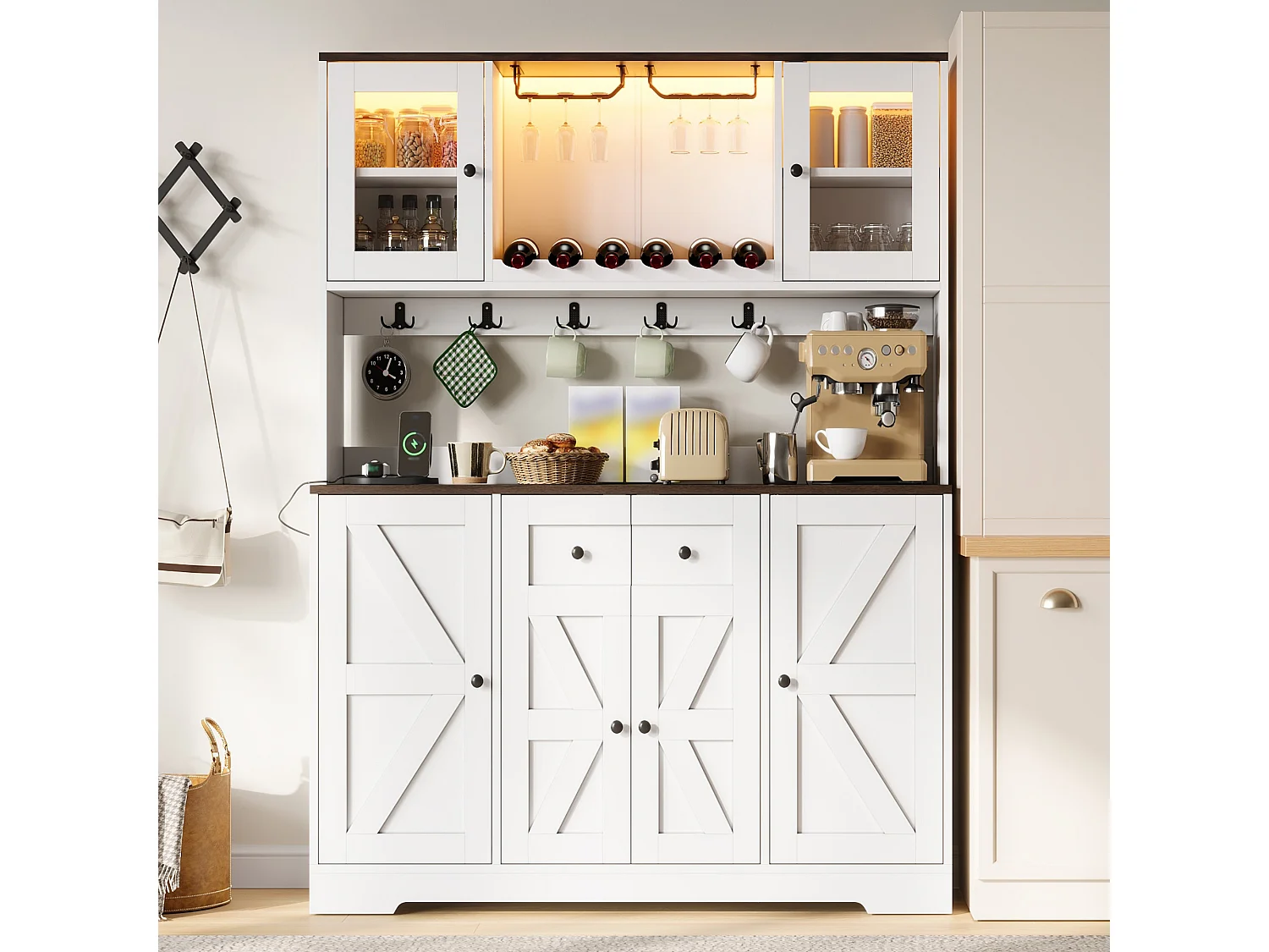 Küchenbuffet 140x40x173cm - mit 6 Türen - mit LED-Beleuchtung und Steckdose - Weinfächer und Weinglashalter - Weiß