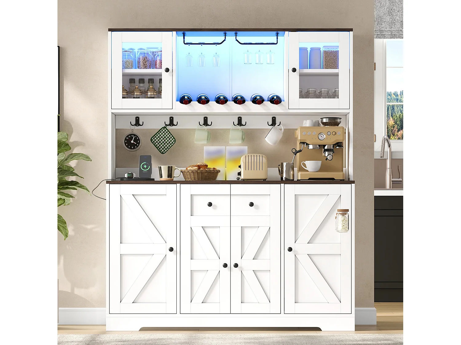 Küchenbuffet 140x40x173cm - mit 6 Türen - mit LED-Beleuchtung und Steckdose - Weinfächer und Weinglashalter - Weiß