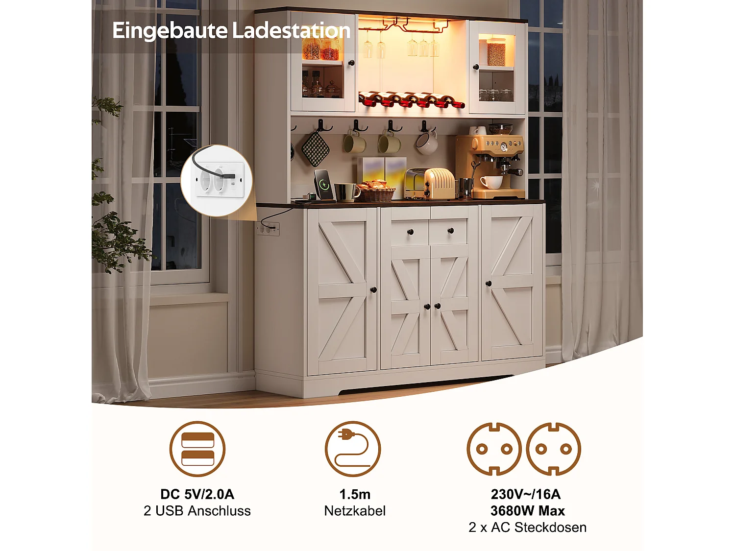 Küchenbuffet 140x40x173cm - mit 6 Türen - mit LED-Beleuchtung und Steckdose - Weinfächer und Weinglashalter - Weiß