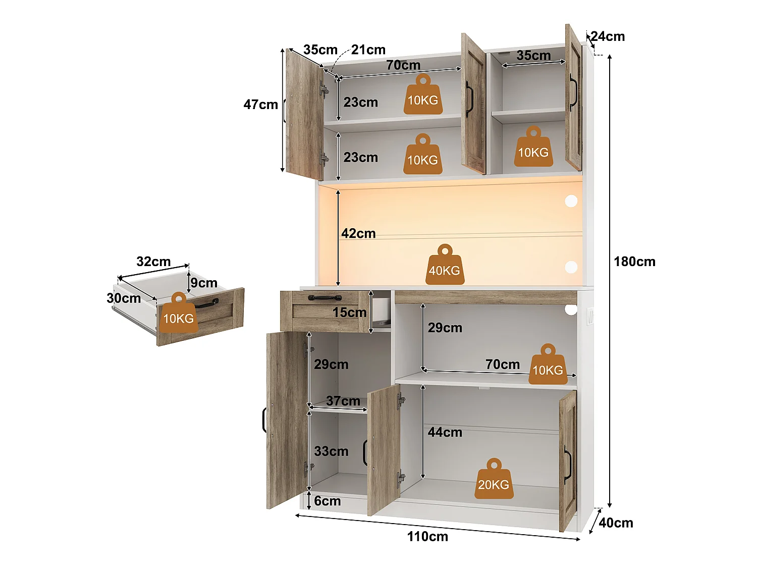 Küchenbuffet 110x40x180cm – mit LED-Beleuchtung – mit Steckdose – mit 6 Türen und 1 Schublade – Natur + Weiß