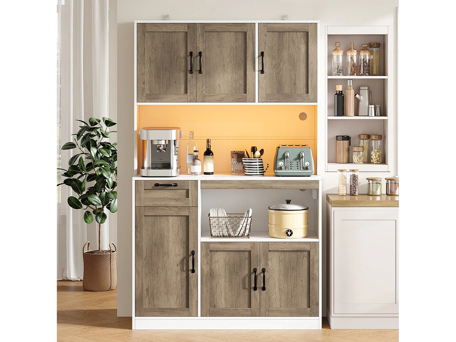 Küchenbuffet 110x40x180cm – mit LED-Beleuchtung – mit Steckdose – mit 6 Türen und 1 Schublade – Natur + Weiß