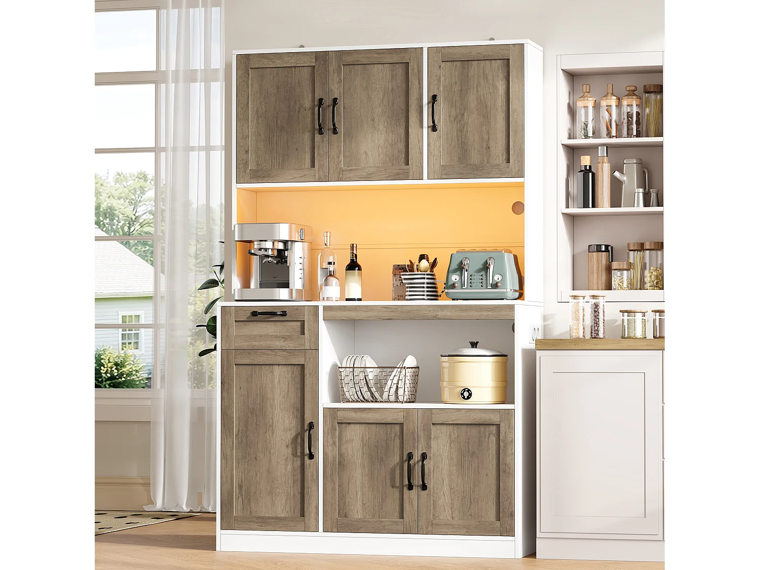 Küchenbuffet 110x40x180cm – mit LED-Beleuchtung – mit Steckdose – mit 6 Türen und 1 Schublade – Natur + Weiß