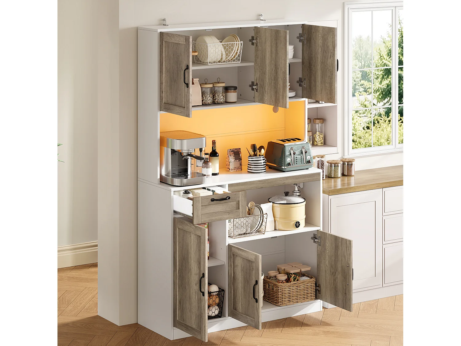 Küchenbuffet 110x40x180cm – mit LED-Beleuchtung – mit Steckdose – mit 6 Türen und 1 Schublade – Natur + Weiß