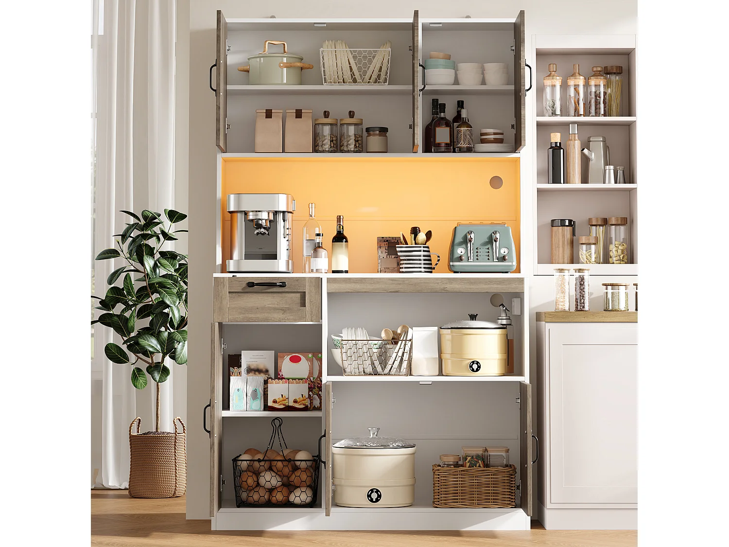 Küchenbuffet 110x40x180cm – mit LED-Beleuchtung – mit Steckdose – mit 6 Türen und 1 Schublade – Natur + Weiß