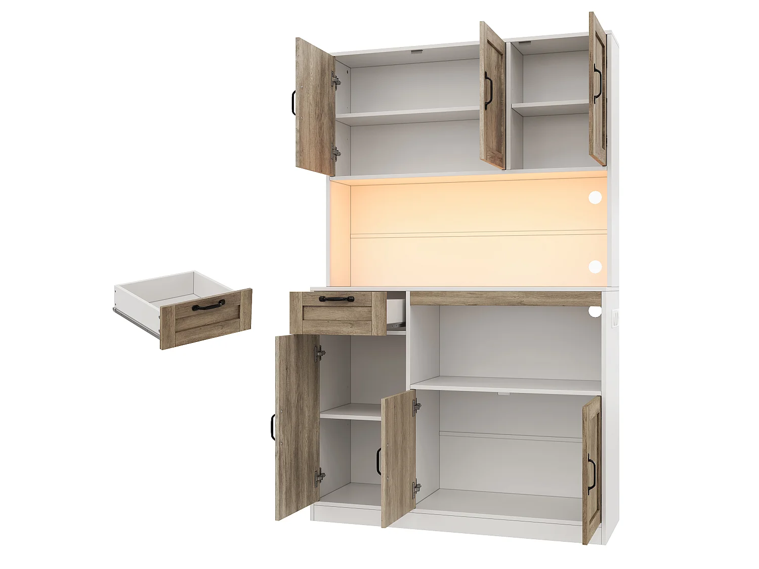 Küchenbuffet 110x40x180cm – mit LED-Beleuchtung – mit Steckdose – mit 6 Türen und 1 Schublade – Natur + Weiß