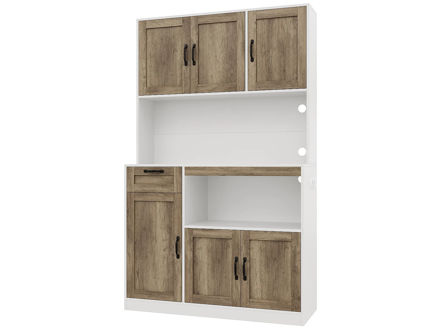 Küchenbuffet 110x40x180cm – mit LED-Beleuchtung – mit Steckdose – mit 6 Türen und 1 Schublade – Natur + Weiß