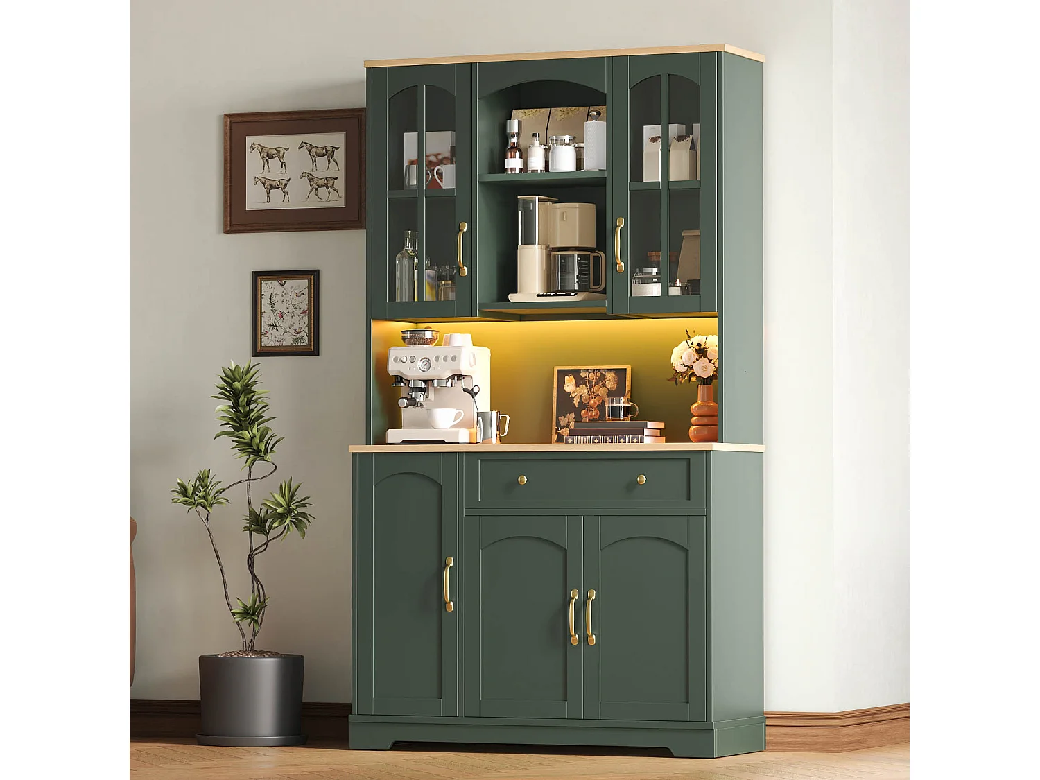 Buffet de cuisine 100x38x178cm - avec 5 portes et 1 tiroir - avec éclairage LED - porte en verre trempé - Vert