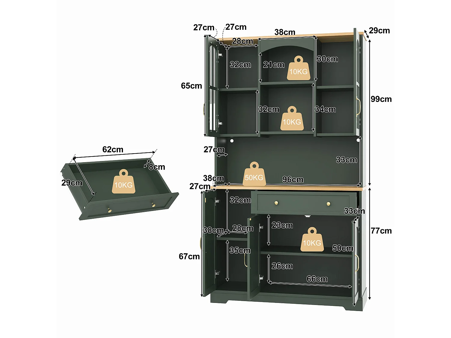 Buffet de cuisine 100x38x178cm - avec 5 portes et 1 tiroir - avec éclairage LED - porte en verre trempé - Vert