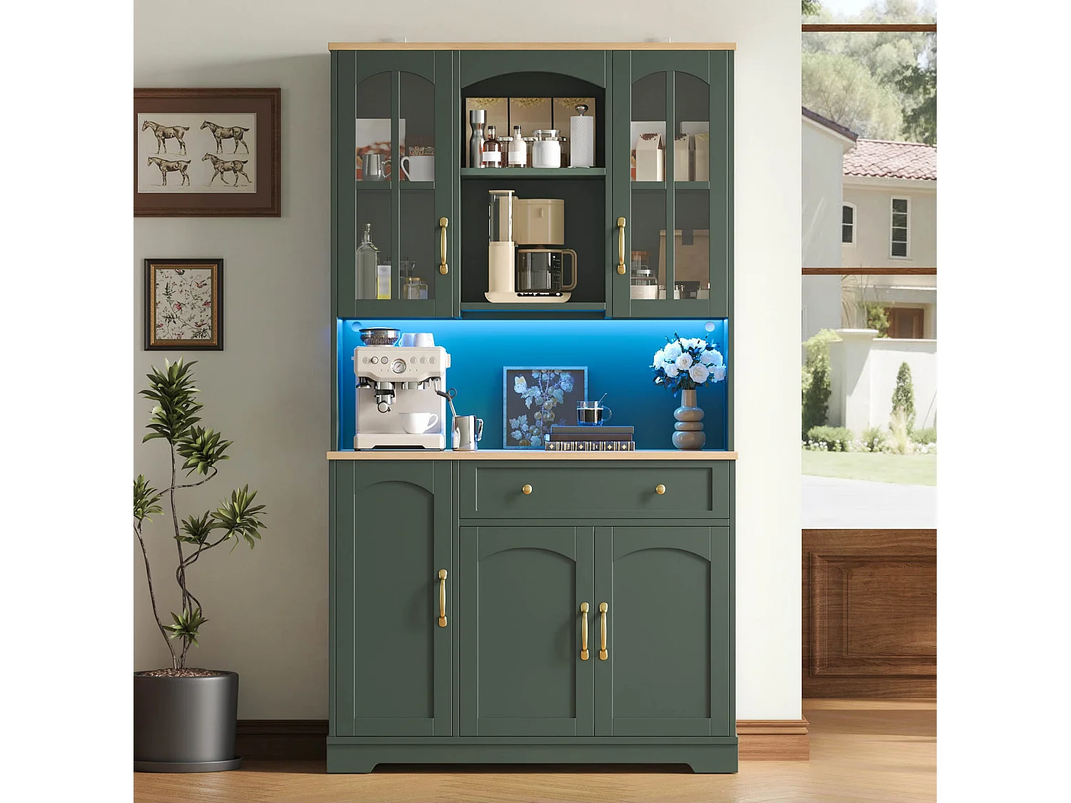 Buffet de cuisine 100x38x178cm - avec 5 portes et 1 tiroir - avec éclairage LED - porte en verre trempé - Vert