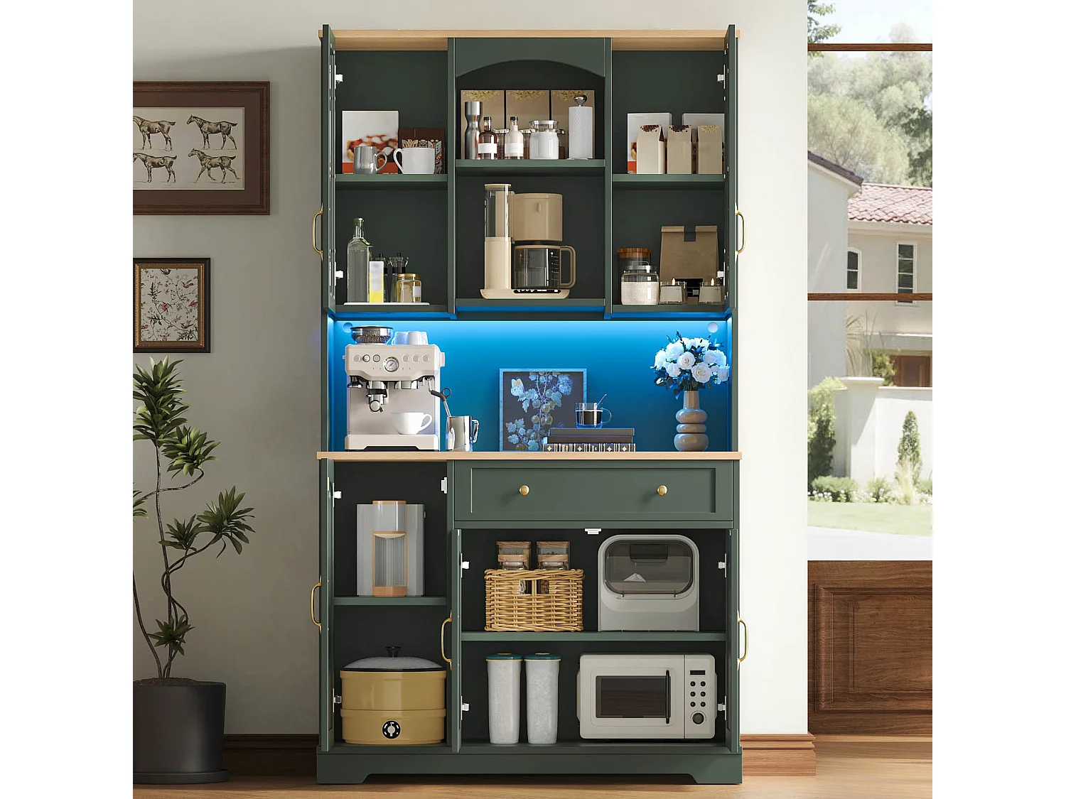 Buffet de cuisine 100x38x178cm - avec 5 portes et 1 tiroir - avec éclairage LED - porte en verre trempé - Vert
