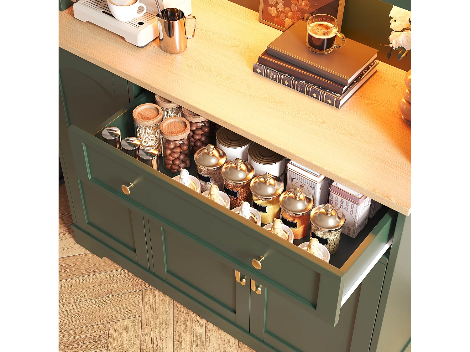 Buffet de cuisine 100x38x178cm - avec 5 portes et 1 tiroir - avec éclairage LED - porte en verre trempé - Vert