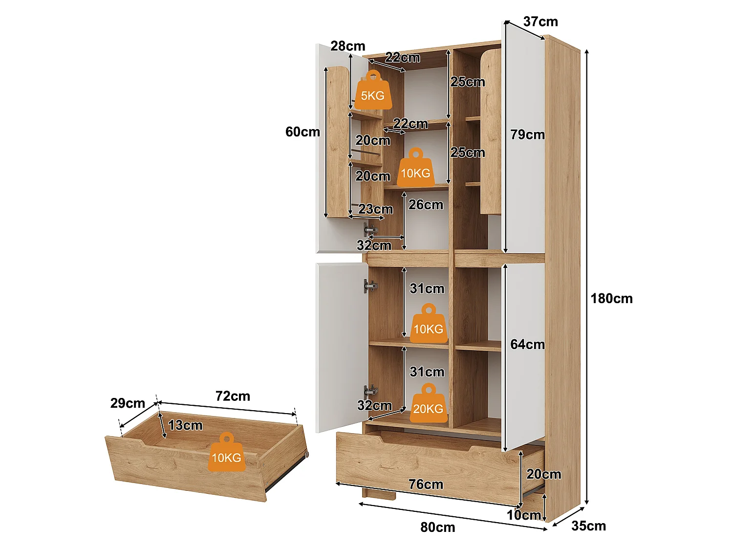 Küchenbuffet 80x35x180cm - mit 4 Türen und 1 Schublade - Aufbewahrungshalter für Tür und verstellbare Innenregale - Weiß