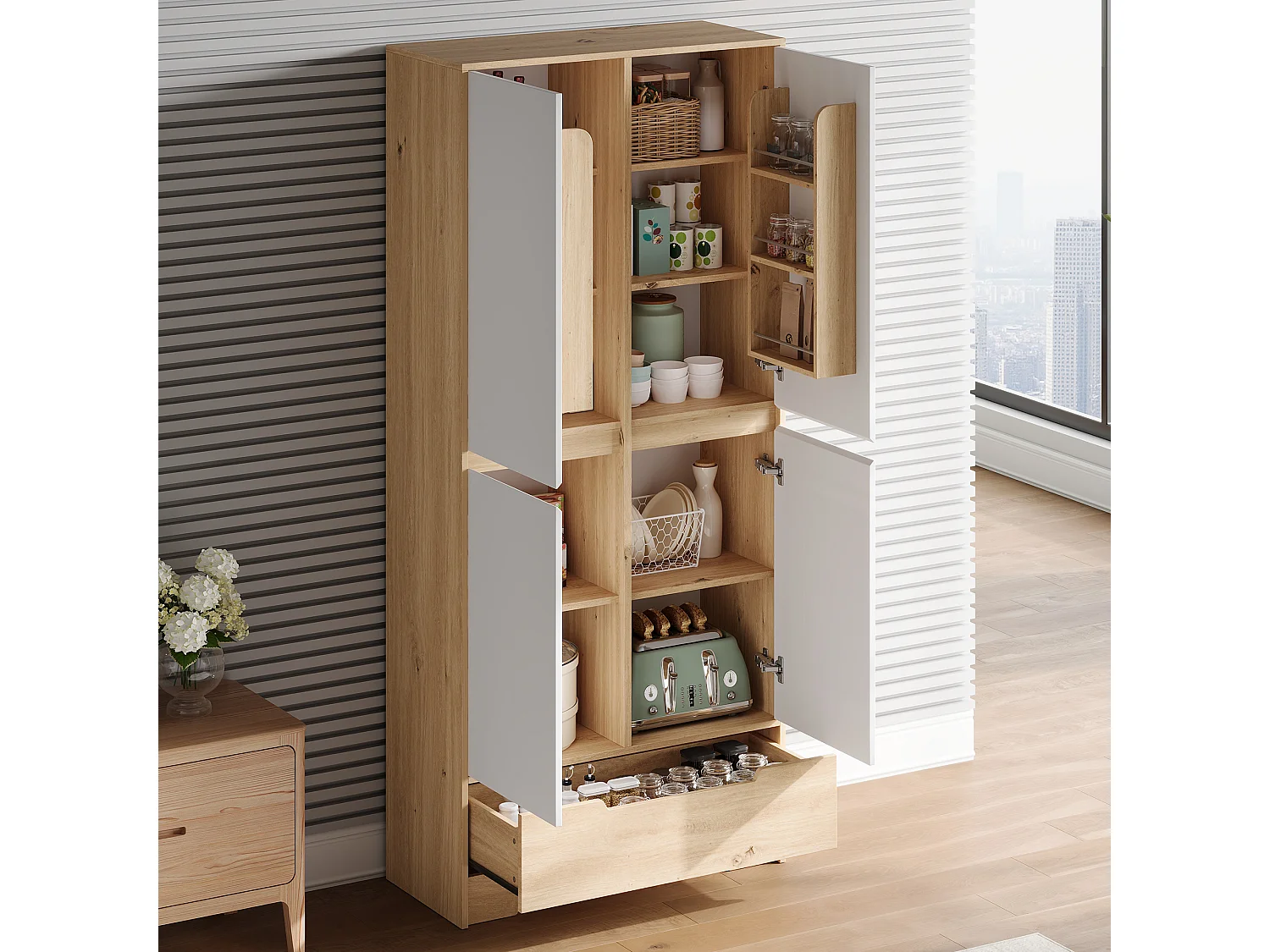 Küchenbuffet 80x35x180cm - mit 4 Türen und 1 Schublade - Aufbewahrungshalter für Tür und verstellbare Innenregale - Weiß
