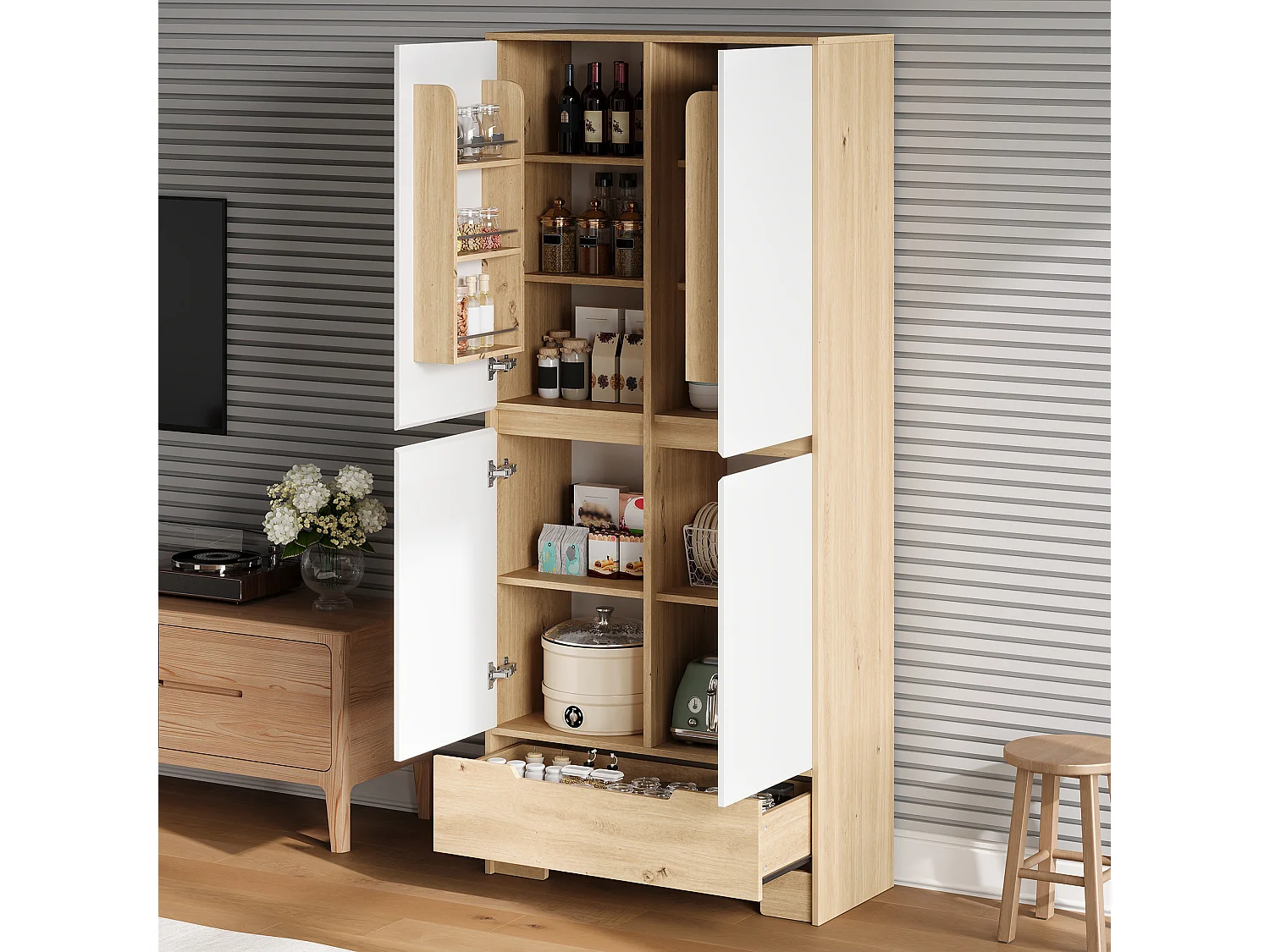 Küchenbuffet 80x35x180cm - mit 4 Türen und 1 Schublade - Aufbewahrungshalter für Tür und verstellbare Innenregale - Weiß