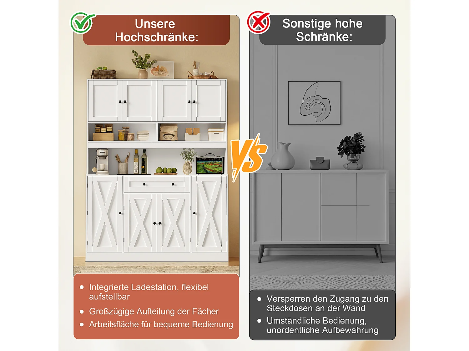 Kitchen sideboard 140x40x185cm - with 8 doors and 1 drawer - with adjustable shelves - with power outlet - White