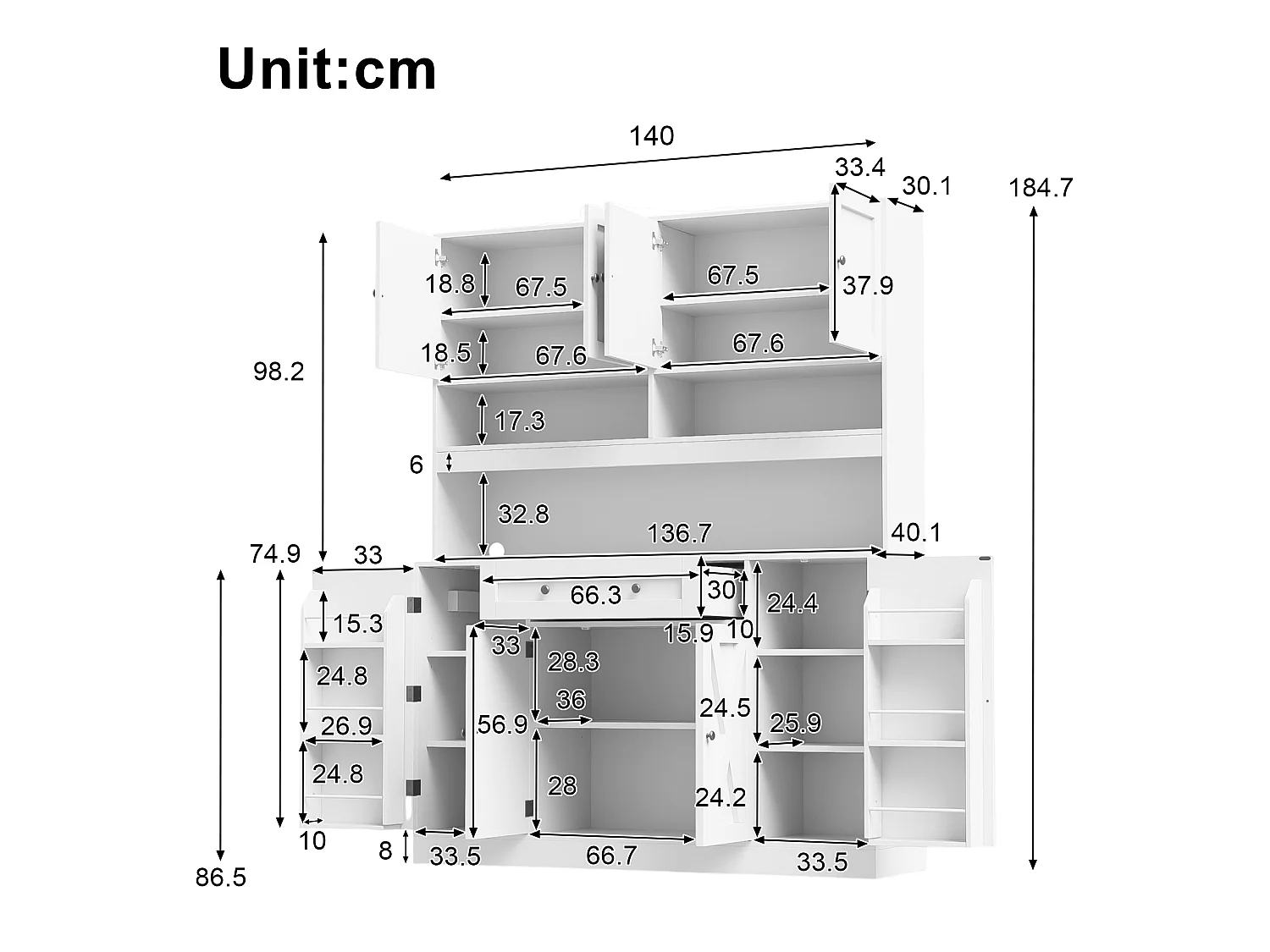 Kitchen sideboard 140x40x185cm - with 8 doors and 1 drawer - with adjustable shelves - with power outlet - White