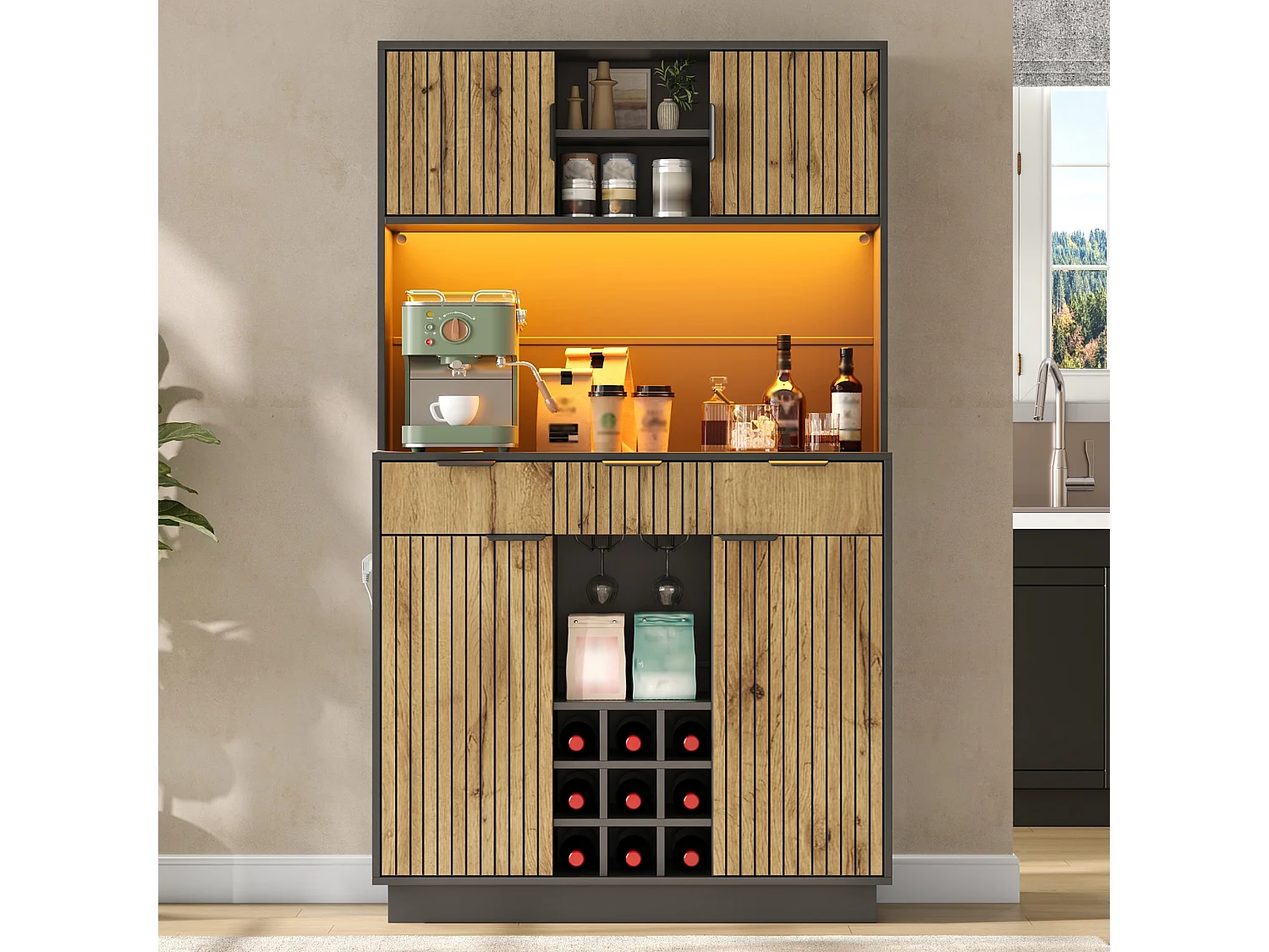 Bufet kuchenny 105x40x180cm - z 4 drzwiami i 3 szufladami - z oświetleniem LED - z gniazdem elektrycznym - Naturalny+Czarny