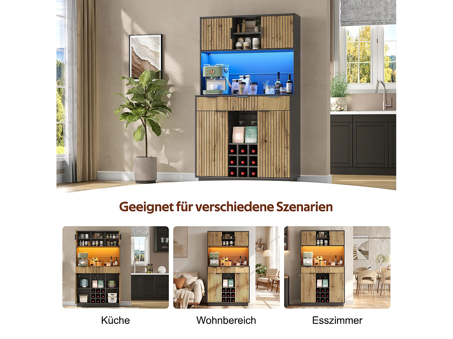 Bufet kuchenny 105x40x180cm - z 4 drzwiami i 3 szufladami - z oświetleniem LED - z gniazdem elektrycznym - Naturalny+Czarny