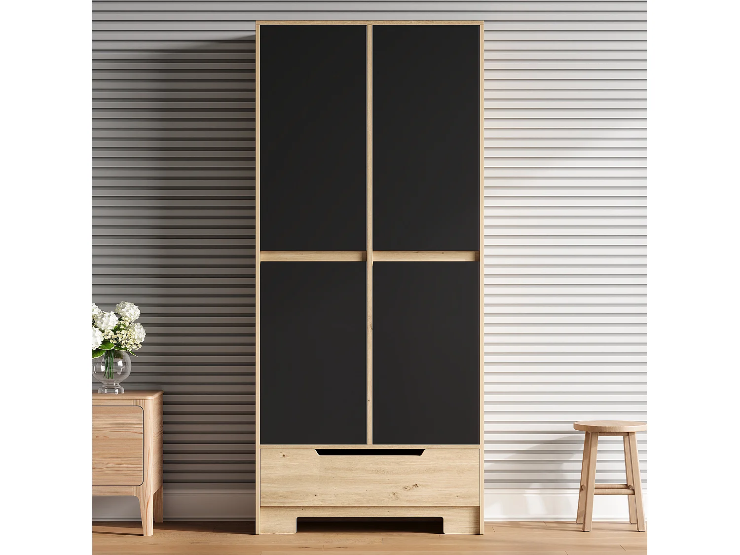 Küchenbuffet 80x35x180cm – mit 4 Türen und 1 Schublade – Aufbewahrungshalter für Tür und verstellbare Innenregale – Schwarz