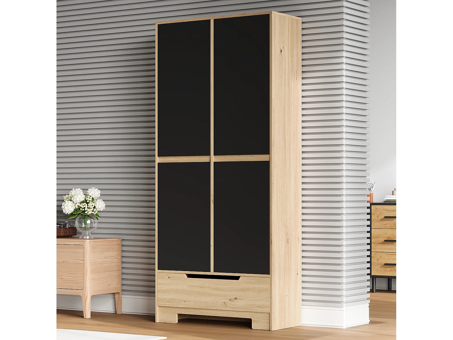 Küchenbuffet 80x35x180cm – mit 4 Türen und 1 Schublade – Aufbewahrungshalter für Tür und verstellbare Innenregale – Schwarz