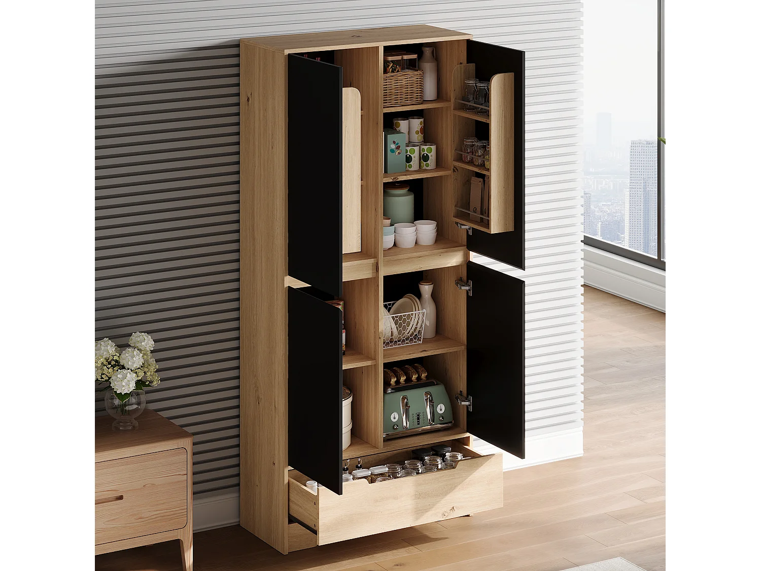 Küchenbuffet 80x35x180cm – mit 4 Türen und 1 Schublade – Aufbewahrungshalter für Tür und verstellbare Innenregale – Schwarz