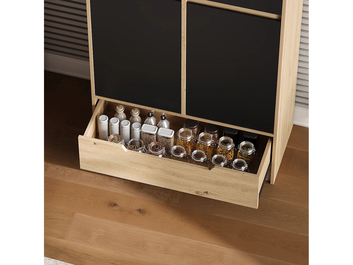 Küchenbuffet 80x35x180cm – mit 4 Türen und 1 Schublade – Aufbewahrungshalter für Tür und verstellbare Innenregale – Schwarz