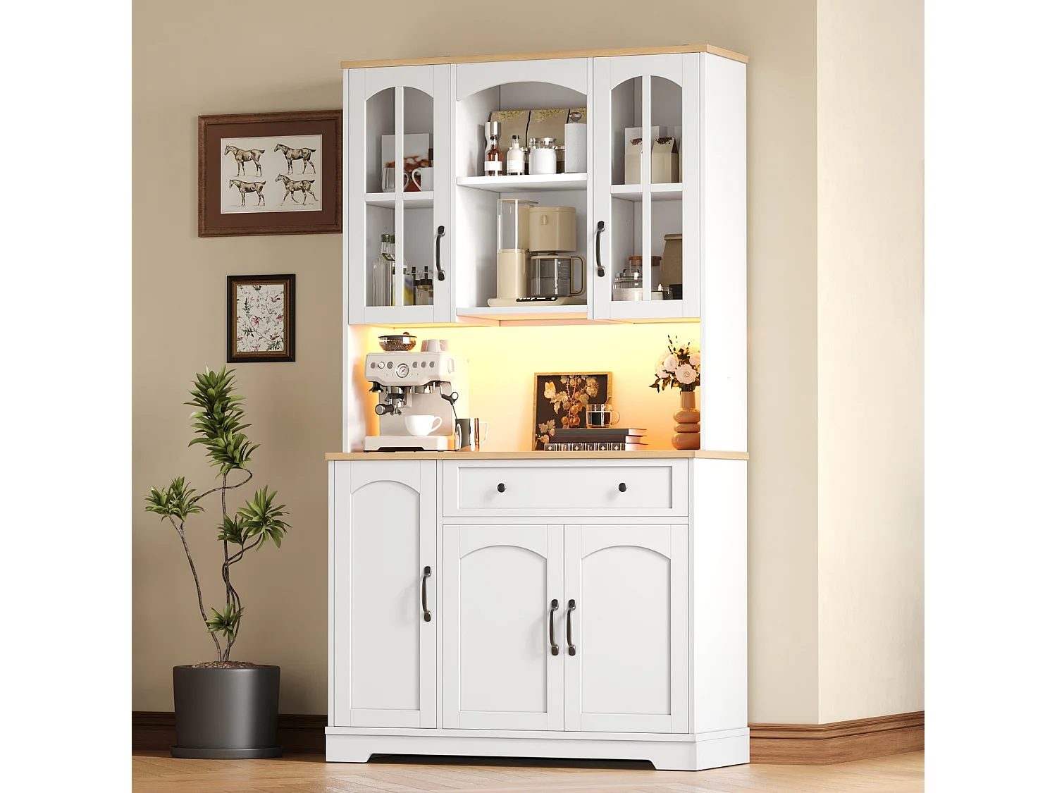 Buffet de cocina 100x38x178cm - con 5 puertas y 1 cajón - con iluminación LED - puerta de vidrio templado - Blanco