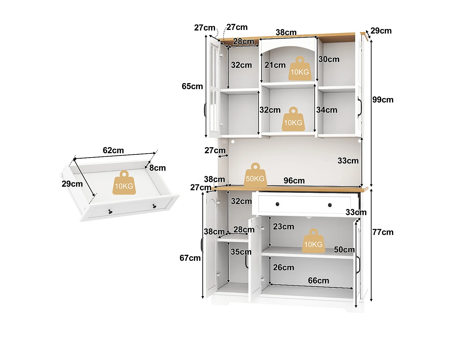 Buffet de cocina 100x38x178cm - con 5 puertas y 1 cajón - con iluminación LED - puerta de vidrio templado - Blanco